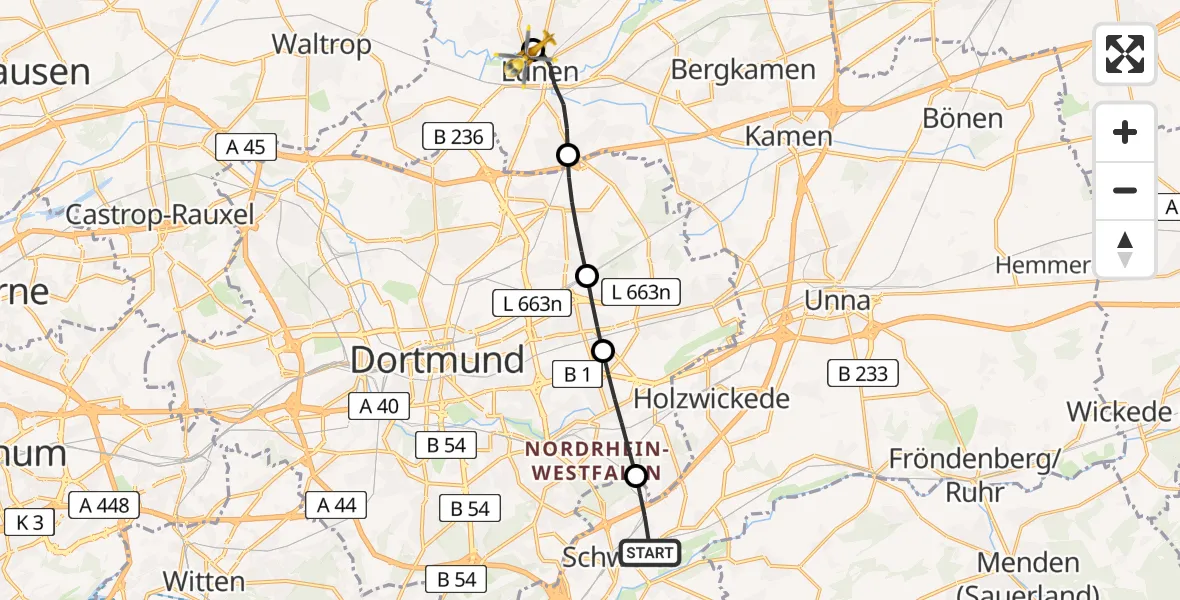 Flugroute Rettungshubschrauber Schwerte - Sankt Marien Hospital Heliport, 22 Februar 2026, 16:42