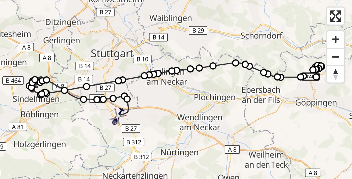 Flugroute Polizeihubschrauber Rechberghausen - Stuttgart Airport, 22 Februar 2026, 16:59