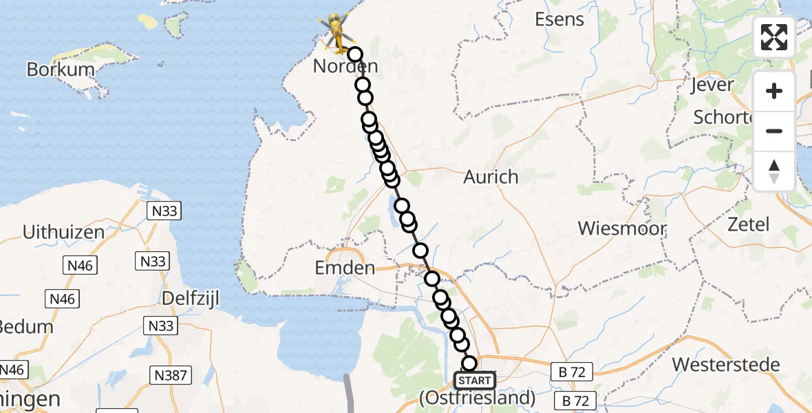 Flugroute Ambulanzhubschrauber Leer (Ostfriesland) - Norden-Norddeich Airport, 22 Februar 2026, 17:03