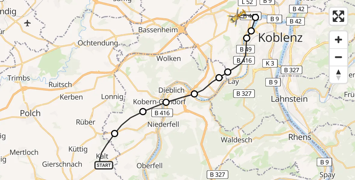 Routekaart van de vlucht: Rettungshubschrauber nach Koblenz, Trifter Weg
