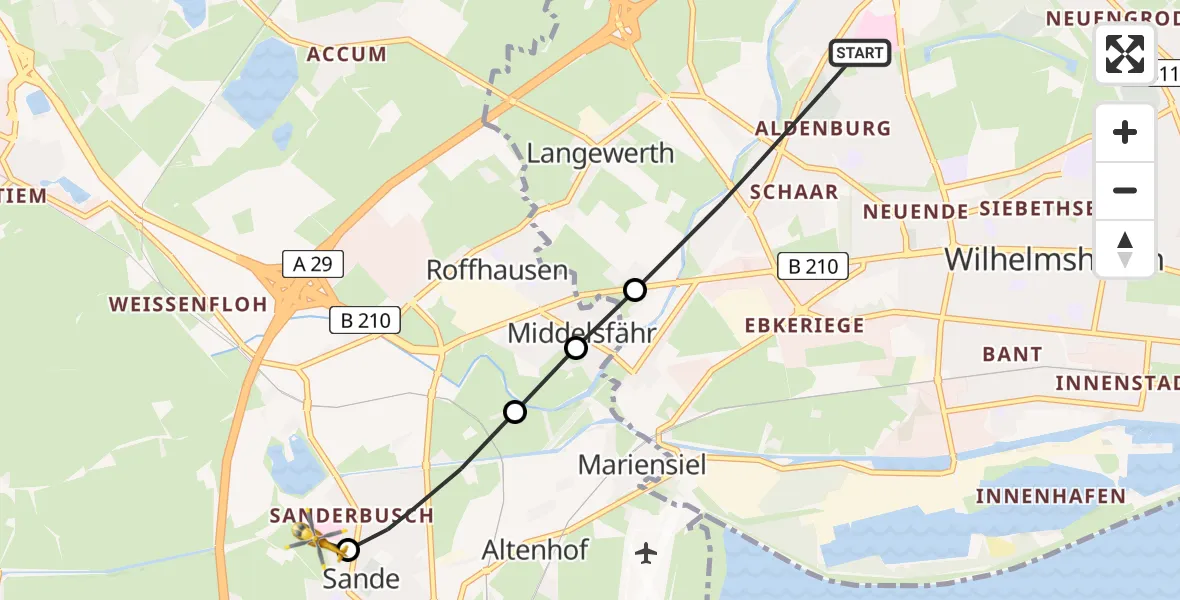 Flugroute Rettungshubschrauber Wilhelmshaven - Sande, 22 Februar 2026, 17:07
