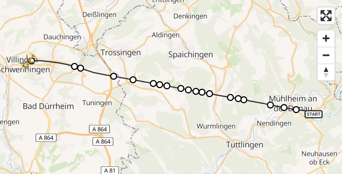 Flugroute Rettungshubschrauber Fridingen an der Donau - DRF Air Rescue Station Villingen-Schwenningen Heliport (Christoph 11), 22 Februar 2026, 17:35