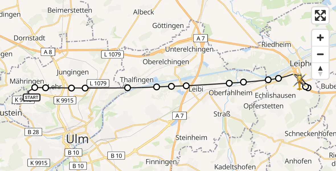 Flugroute Rettungshubschrauber ADAC Air Rescue Station Ulm (Christoph 22) - Leipheim, 22 Februar 2026, 18:44