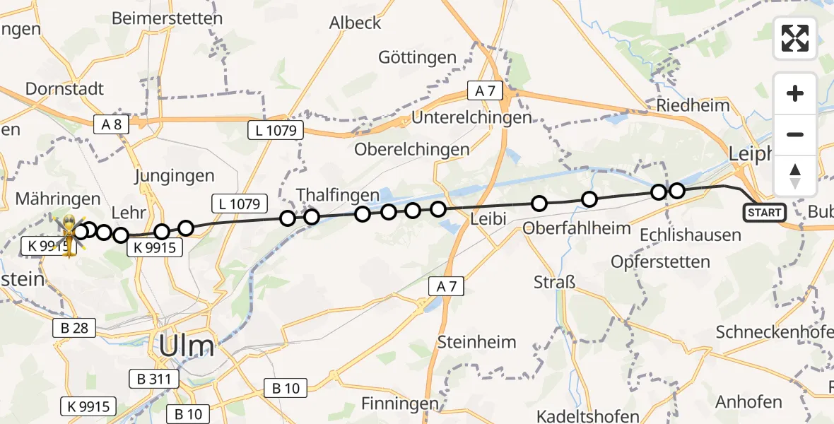 Flugroute Rettungshubschrauber Leipheim - ADAC Air Rescue Station Ulm (Christoph 22), 22 Februar 2026, 18:51