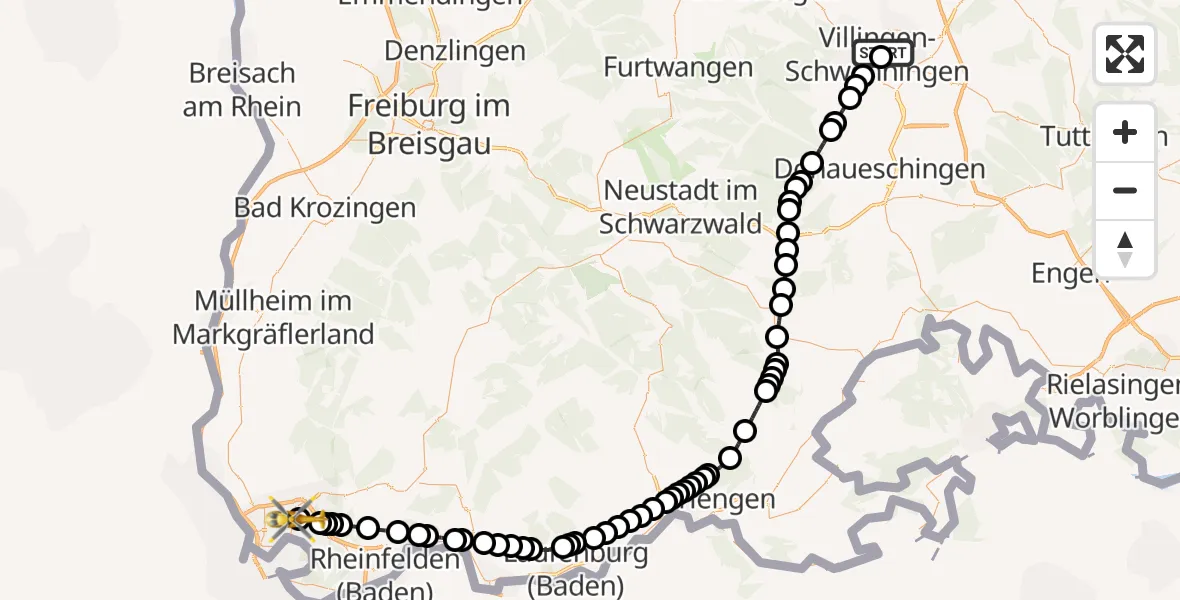 Flugroute Rettungshubschrauber DRF Air Rescue Station Villingen-Schwenningen Heliport (Christoph 11) - Untertüllingen, 22 Februar 2026, 21:07