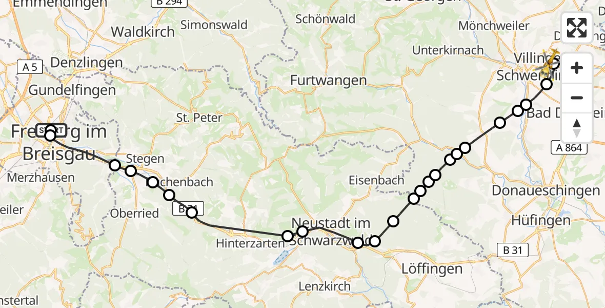 Routekaart van de vlucht: Rettungshubschrauber nach DRF Air Rescue Station Villingen-Schwenningen Heliport (Christoph 11)
