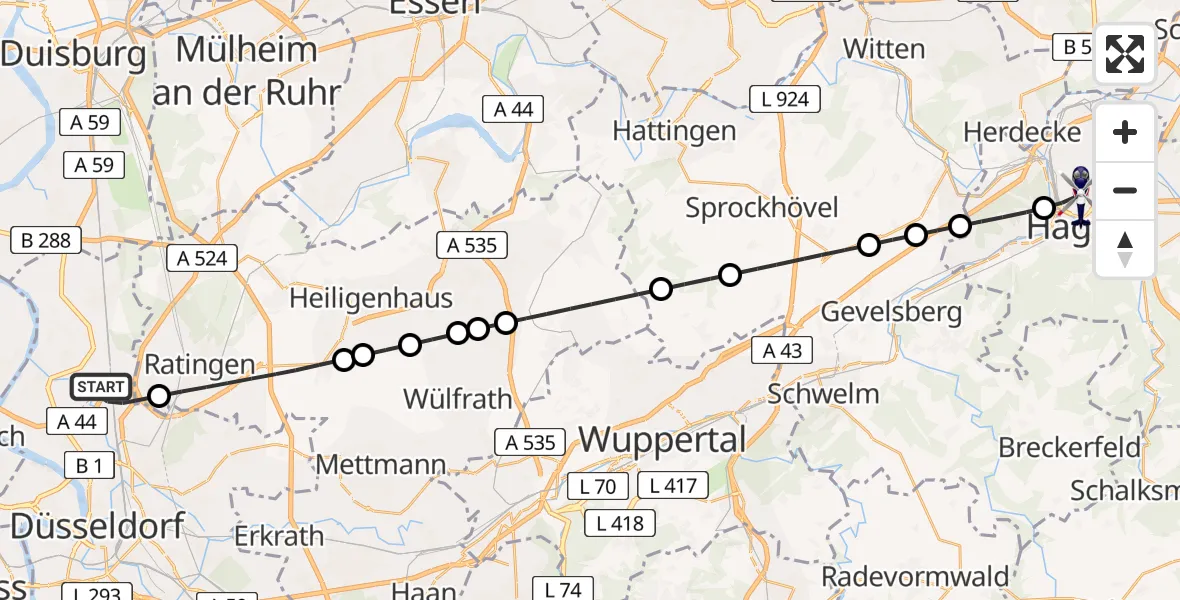 Flugroute Polizeihubschrauber Düsseldorf Airport - Hagen-Mitte, 22 Februar 2026, 23:55