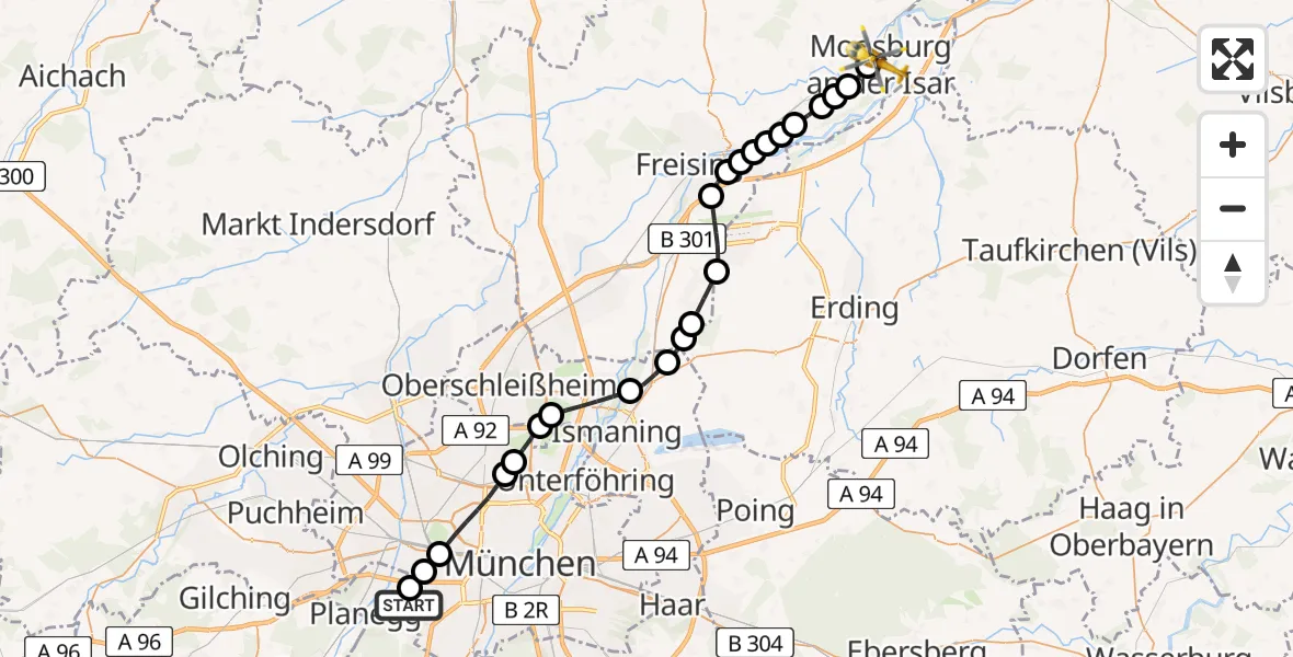 Flugroute Ambulanzhubschrauber DRF Air Rescue München Heliport - Moosburg, 23 Februar 2026, 06:06