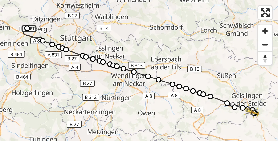 Flugroute Rettungshubschrauber Leonberg Hospital Heliport - Geislingen an der Steige, 23 Februar 2026, 06:12