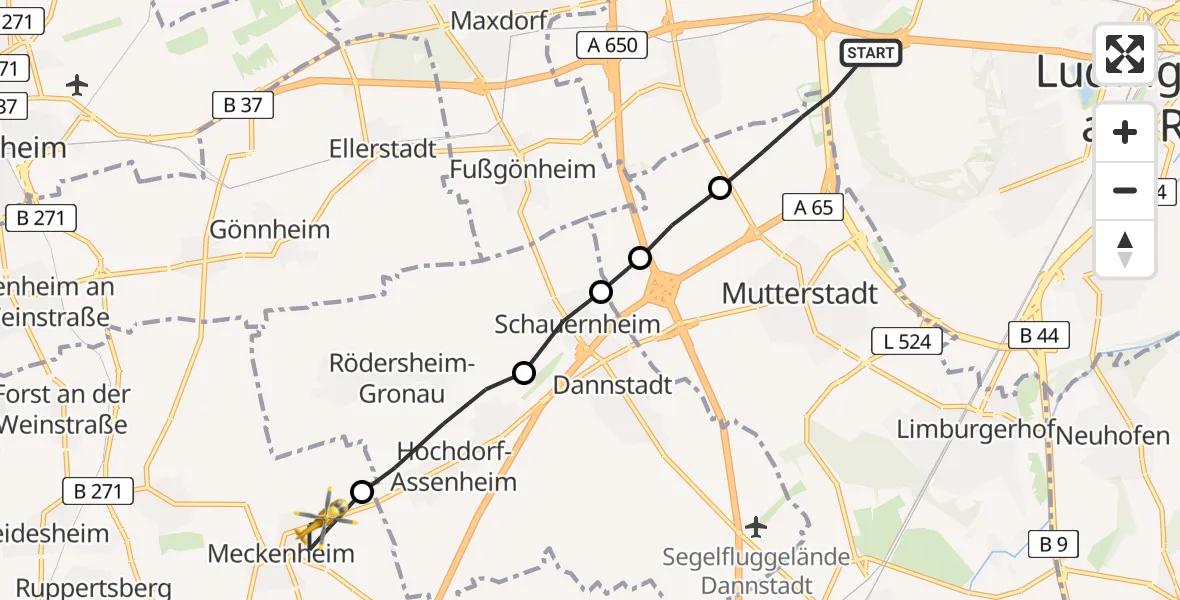 Flugroute Rettungshubschrauber Ludwigshafen am Rhein - Meckenheim, 23 Februar 2026, 06:51
