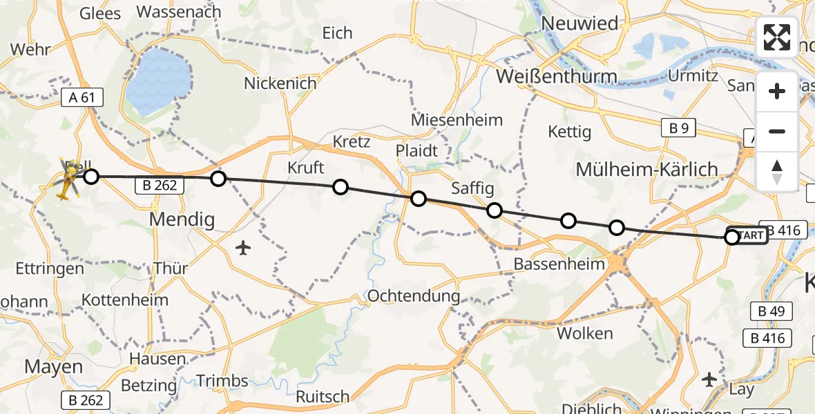 Flugroute Rettungshubschrauber Koblenz - Bell, 23 Februar 2026, 06:55