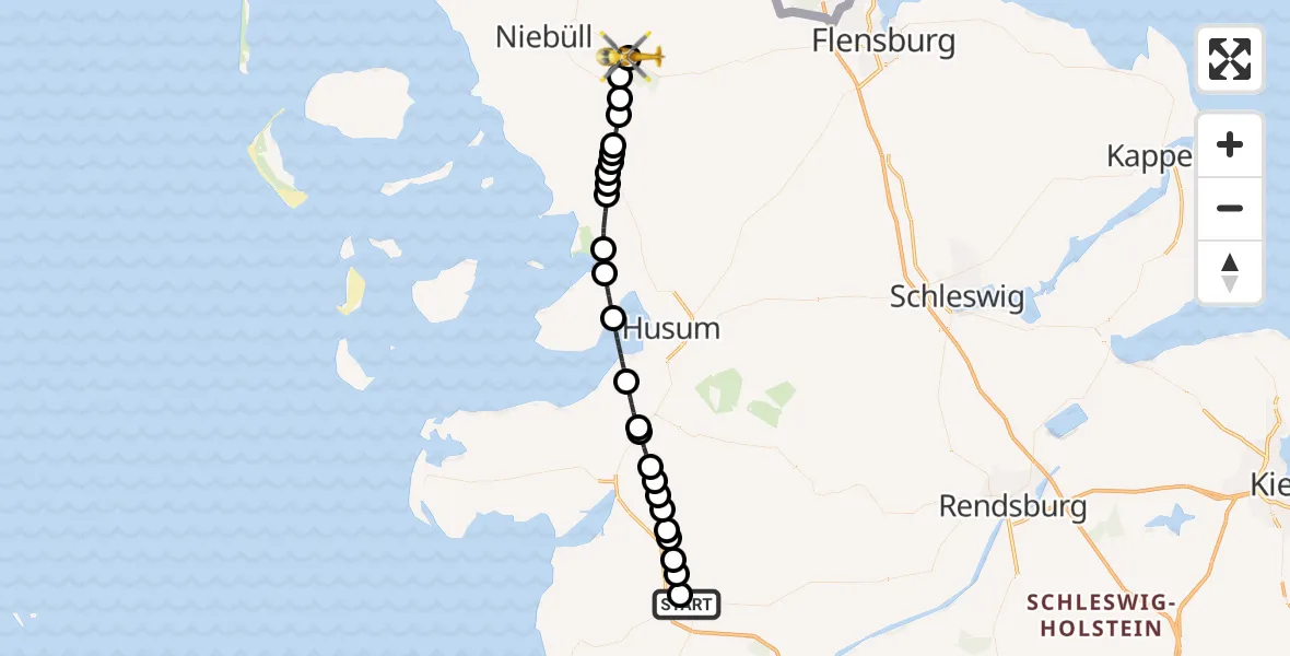 Flugroute Rettungshubschrauber Heide - Leck, 23 Februar 2026, 07:24