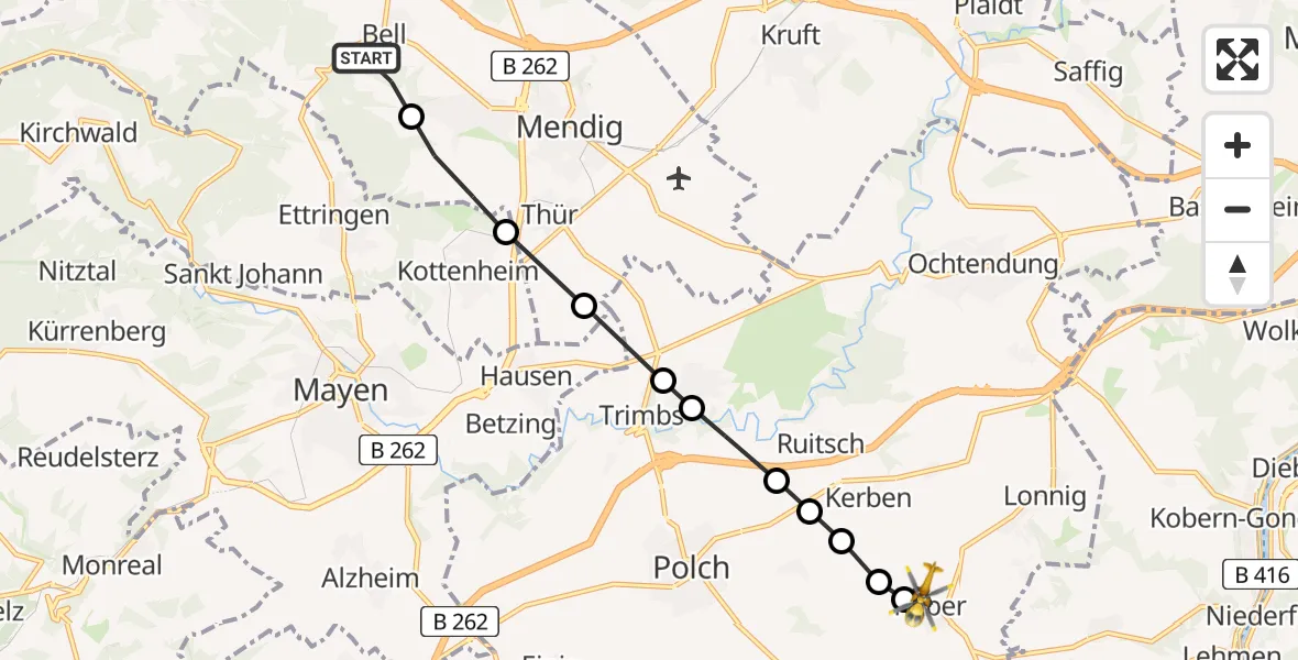 Flugroute Rettungshubschrauber Bell - Rüber, 23 Februar 2026, 07:28