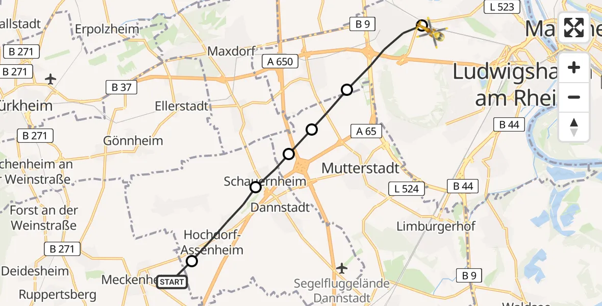 Flugroute Rettungshubschrauber Meckenheim - Ludwigshafen Accident Hospital Heliport, 23 Februar 2026, 07:29