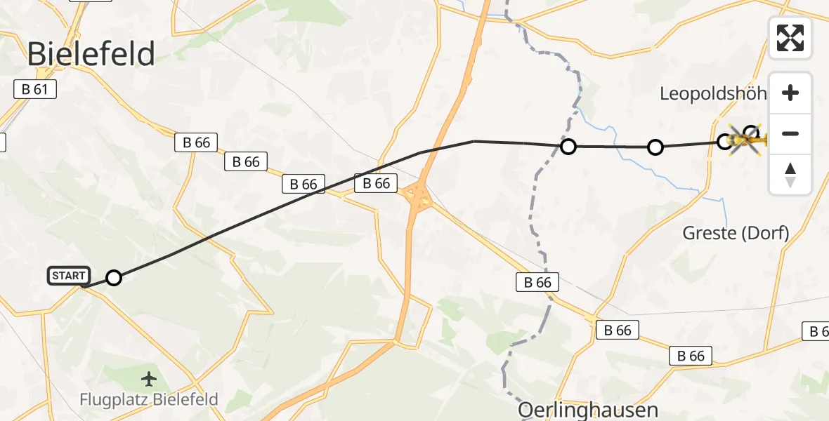 Flugroute Rettungshubschrauber Luftrettungszentrum Bielefeld - Greste, 23 Februar 2026, 07:30