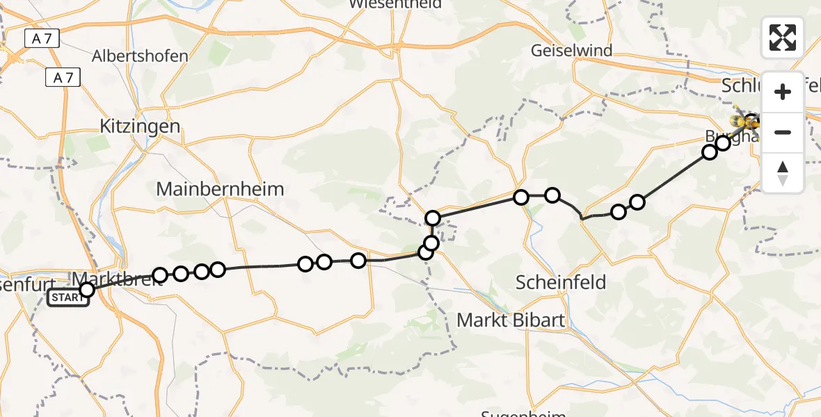 Flugroute Rettungshubschrauber Frickenhausen am Main - Niederndorf, 23 Februar 2026, 07:30