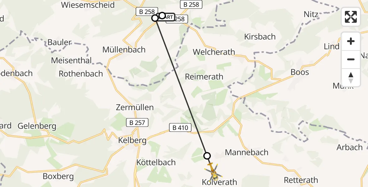 Flugroute Ambulanzhubschrauber Nürburgring Heliport - Bereborn, 23 Februar 2026, 07:55