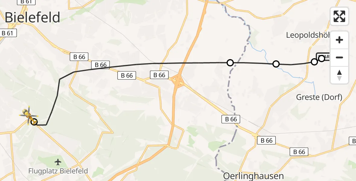 Flugroute Rettungshubschrauber Greste - Luftrettungszentrum Bielefeld, 23 Februar 2026, 07:58