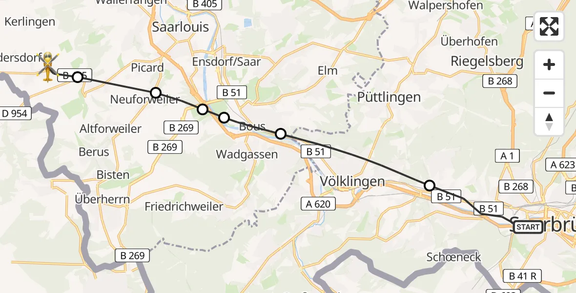 Flugroute Rettungshubschrauber Saarbrücken - Wallerfangen, 23 Februar 2026, 08:00