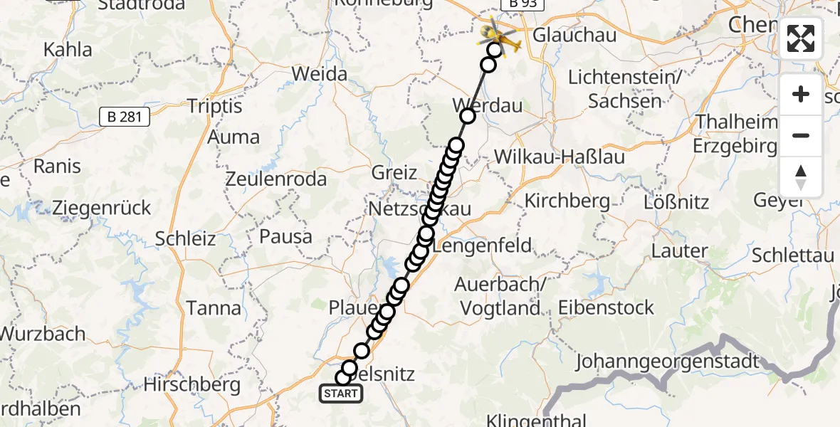 Flugroute Rettungshubschrauber Bösenbrunn - Crimmitschau, 23 Februar 2026, 08:03