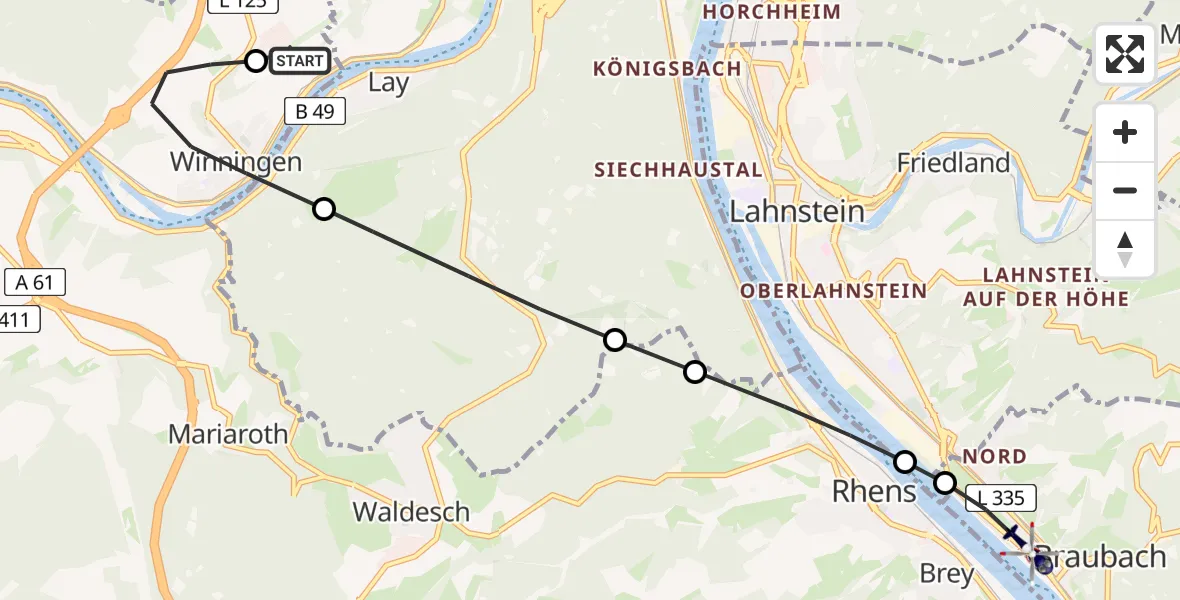 Flugroute Polizeihubschrauber Koblenz-Winningen Airfield - Braubach, 23 Februar 2026, 08:05