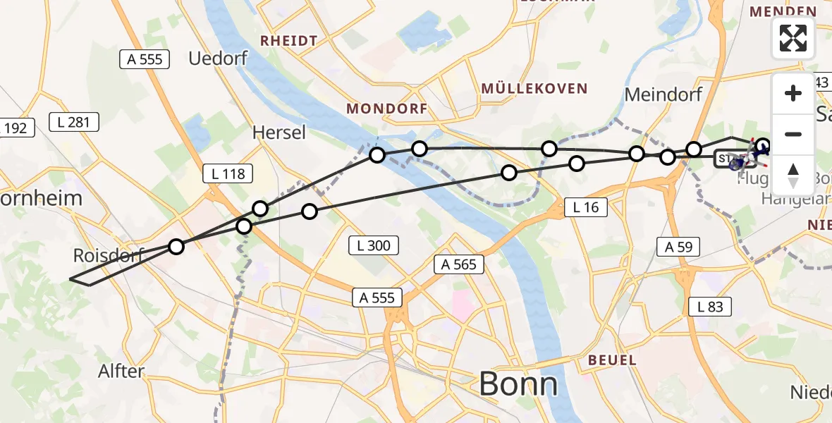 Flugroute Polizeihubschrauber Sankt Augustin - Bonn-Hangelar Airfield, 23 Februar 2026, 08:14