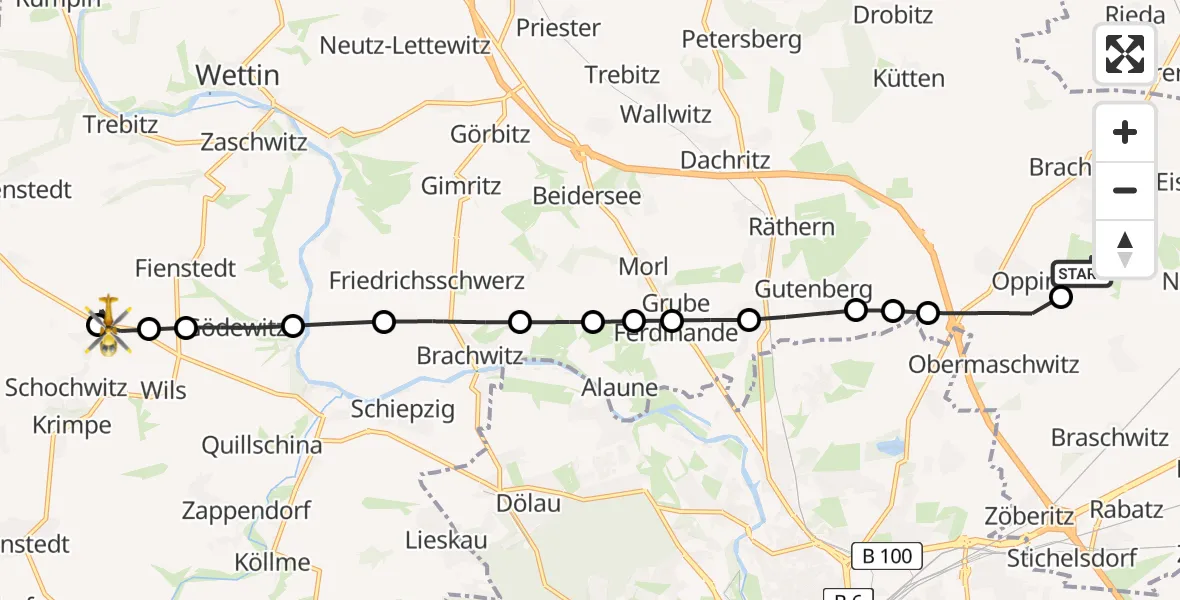 Flugroute Rettungshubschrauber Halle-Oppin Airfield - Schochwitz, 23 Februar 2026, 08:15