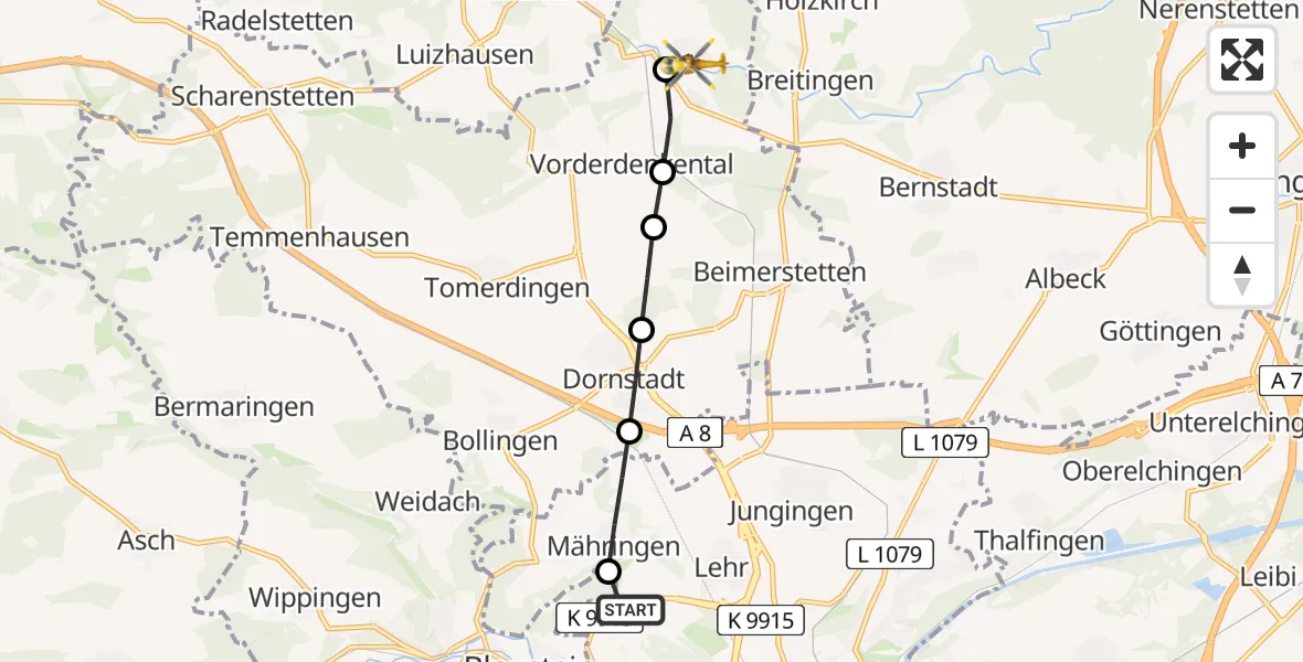Flugroute Rettungshubschrauber ADAC Air Rescue Station Ulm (Christoph 22) - Westerstetten, 23 Februar 2026, 08:22