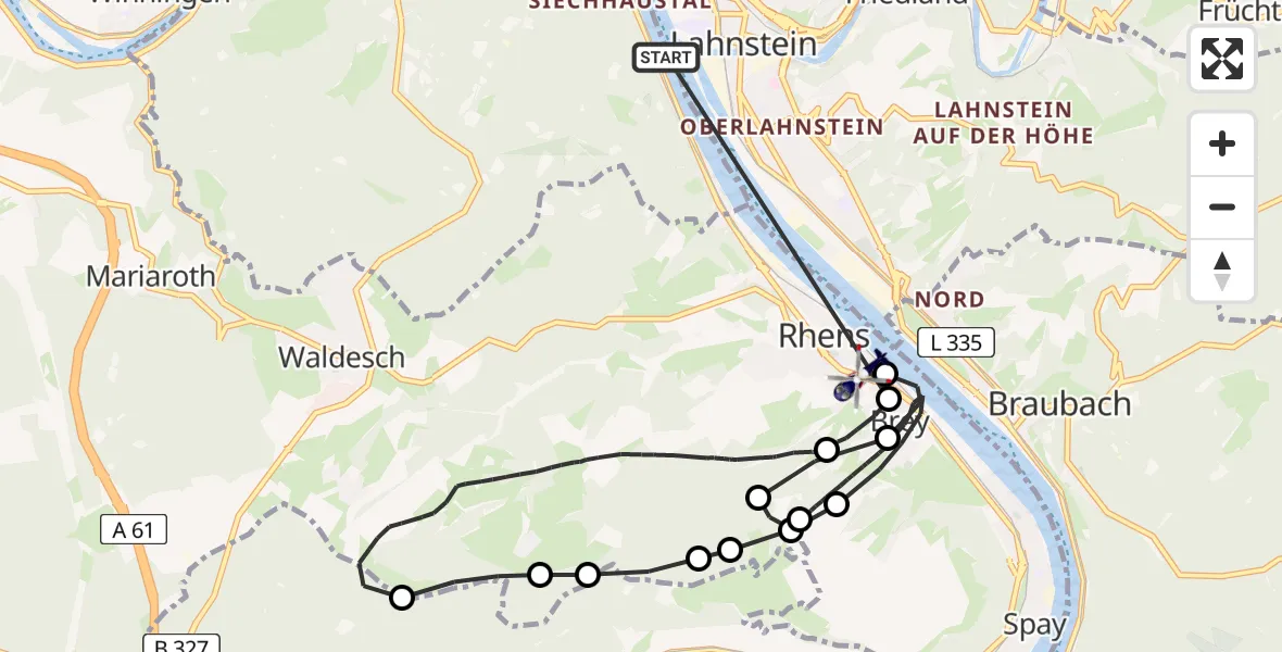 Flugroute Polizeihubschrauber Stolzenfels - Rhens, 23 Februar 2026, 08:32