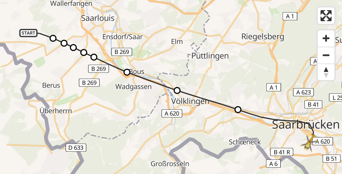Flugroute Rettungshubschrauber Wallerfangen - Saarbrücken, 23 Februar 2026, 08:33