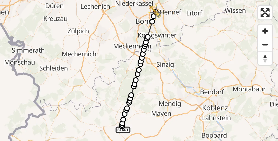 Flugroute Ambulanzhubschrauber Sassen - Asklepios Children's Clinic Sankt Augustin Heliport, 23 Februar 2026, 08:33