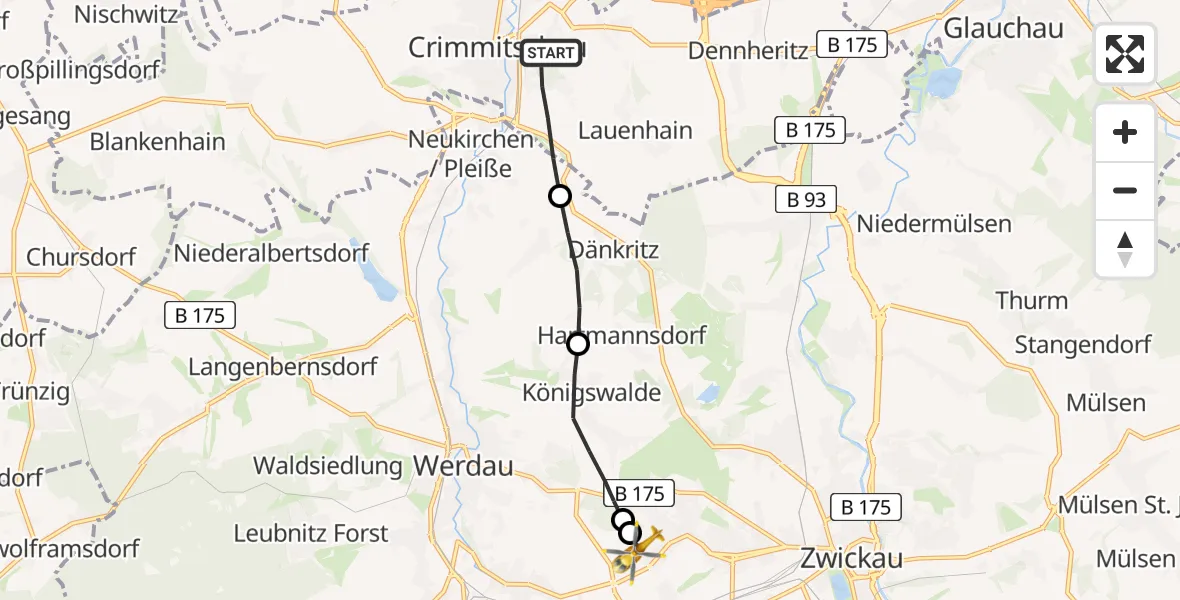 Routekaart van de vlucht: Rettungshubschrauber nach ADAC Air Rescue Station Zwickau Heliport