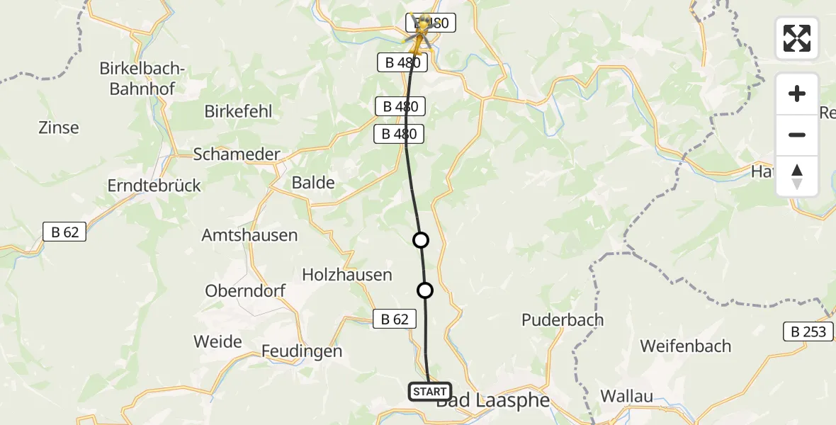 Flugroute Rettungshubschrauber Laaspherhütte - Bad Berleburg, 23 Februar 2026, 08:42