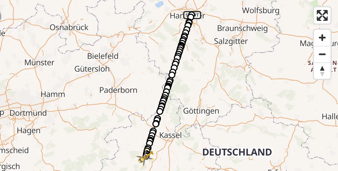 Flugroute Ambulanzhubschrauber Hannover Air Rescue Heliport (Christoph 4) - Bad Wildungen, 23 Februar 2026, 08:43