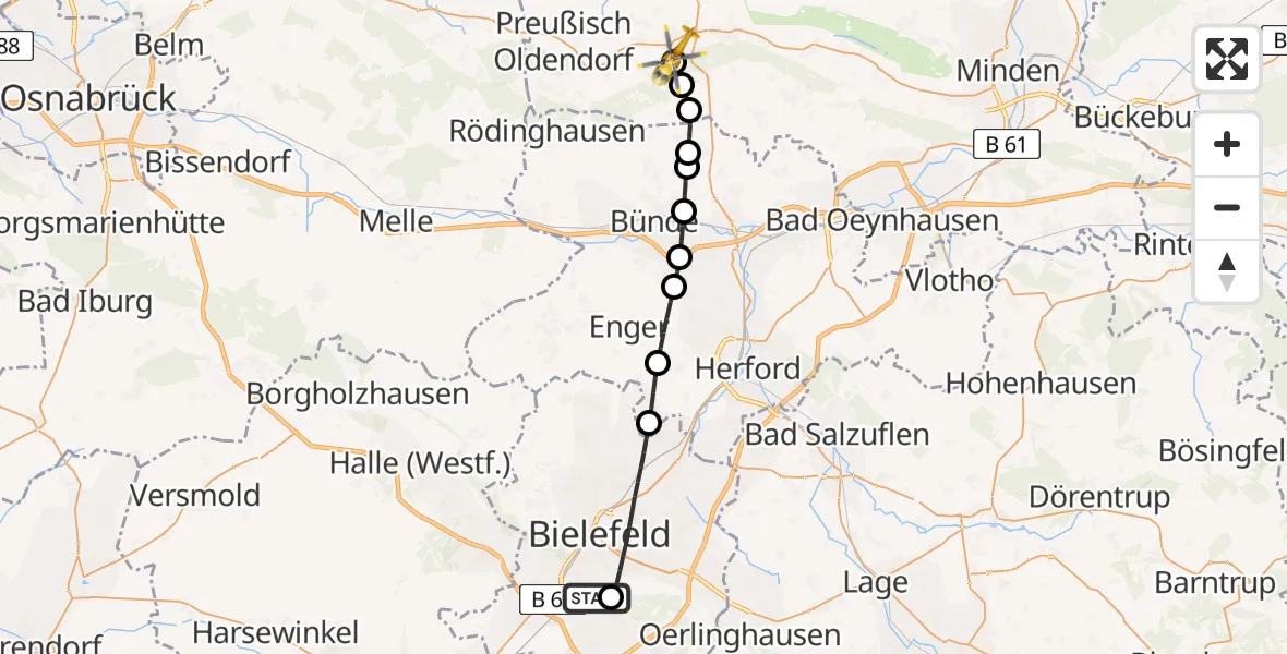 Flugroute Rettungshubschrauber Luftrettungszentrum Bielefeld - Lübbecke Hospital Heliport, 23 Februar 2026, 08:44
