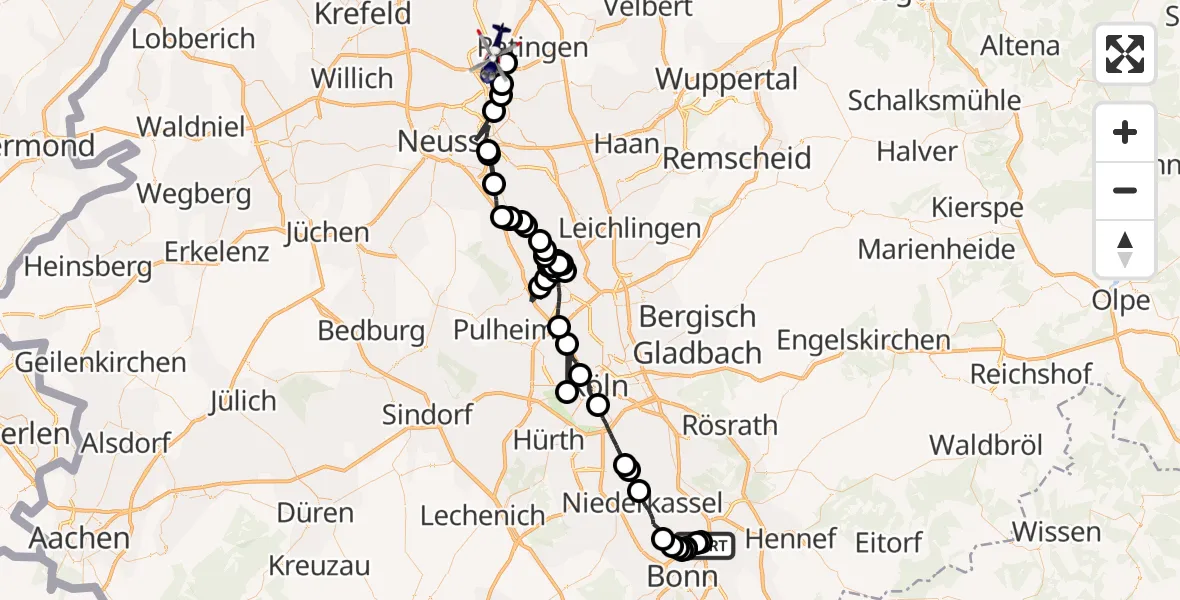 Flugroute Polizeihubschrauber Sankt Augustin - Düsseldorf Airport, 23 Februar 2026, 08:46