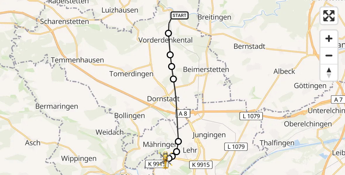 Flugroute Rettungshubschrauber Westerstetten - ADAC Air Rescue Station Ulm (Christoph 22), 23 Februar 2026, 08:53