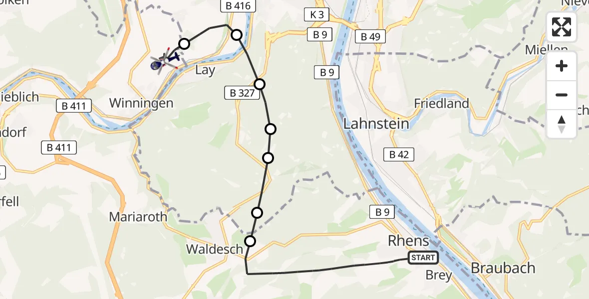Flugroute Polizeihubschrauber Rhens - Koblenz-Winningen Airfield, 23 Februar 2026, 09:04