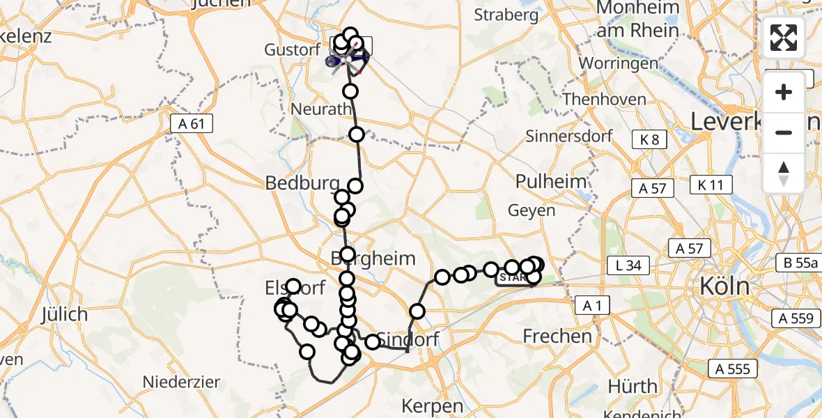 Flugroute Polizeihubschrauber Königsdorf - Allrath, 23 Februar 2026, 09:05