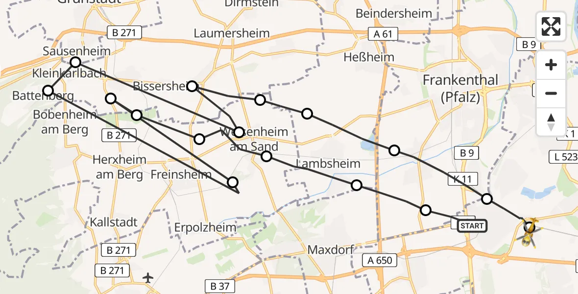 Routekaart van de vlucht: Rettungshubschrauber nach Ludwigshafen Accident Hospital Heliport