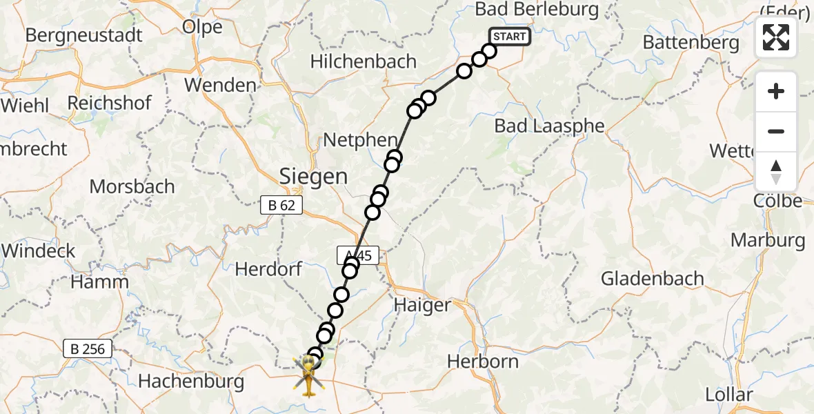 Flugroute Rettungshubschrauber Bad Berleburg - Hof, 23 Februar 2026, 09:18