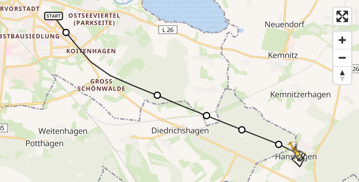 Flugroute Rettungshubschrauber Greifswald Hospital Heliport - Hanshagen, 23 Februar 2026, 09:19
