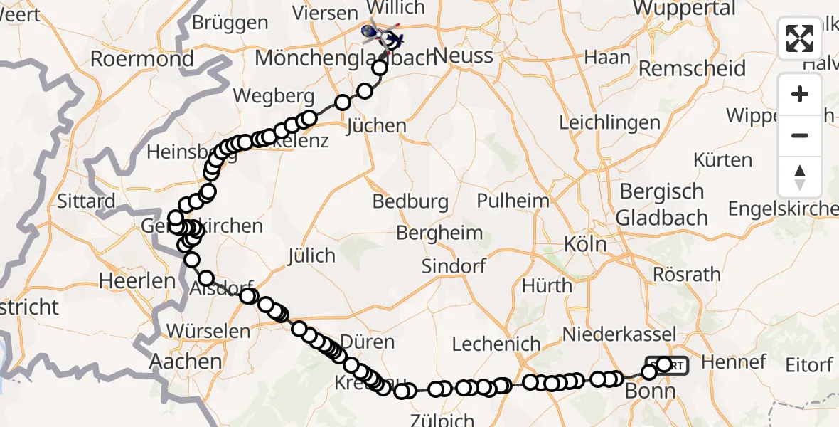 Flugroute Polizeihubschrauber Sankt Augustin - Mönchengladbach Airport, 23 Februar 2026, 09:19