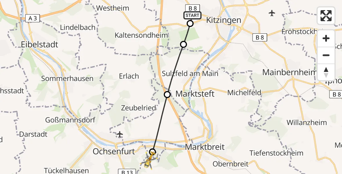 Flugroute Rettungshubschrauber Kitzingen Hospital Heliport - Marktbreit, 23 Februar 2026, 09:19