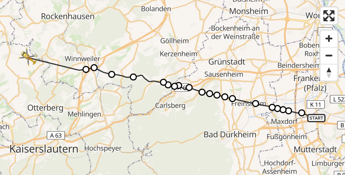 Flugroute Rettungshubschrauber Ludwigshafen am Rhein - Niederkirchen, 23 Februar 2026, 09:22