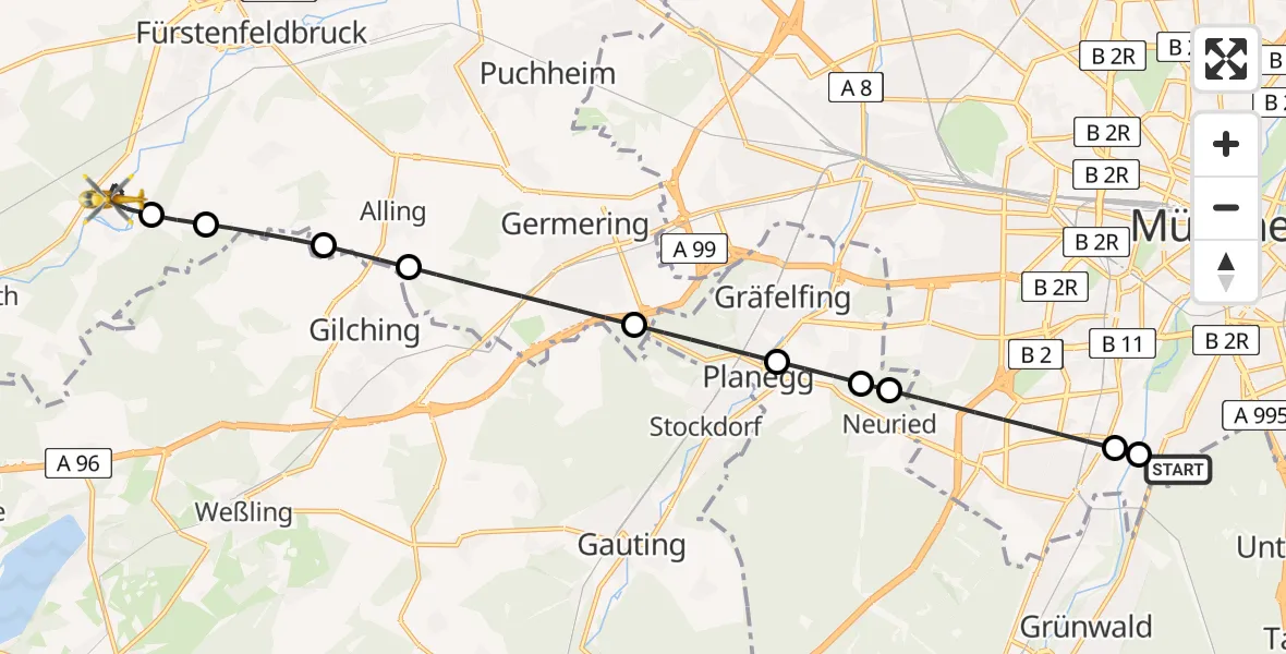 Flugroute Rettungshubschrauber ADAC Air Rescue Center Heliport (Christoph 1) - Schöngeising, 23 Februar 2026, 09:34