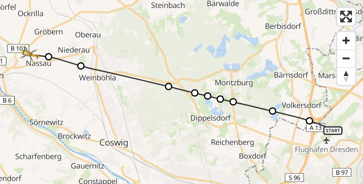 Flugroute Rettungshubschrauber Dresden Airport - Nassau, 23 Februar 2026, 09:40