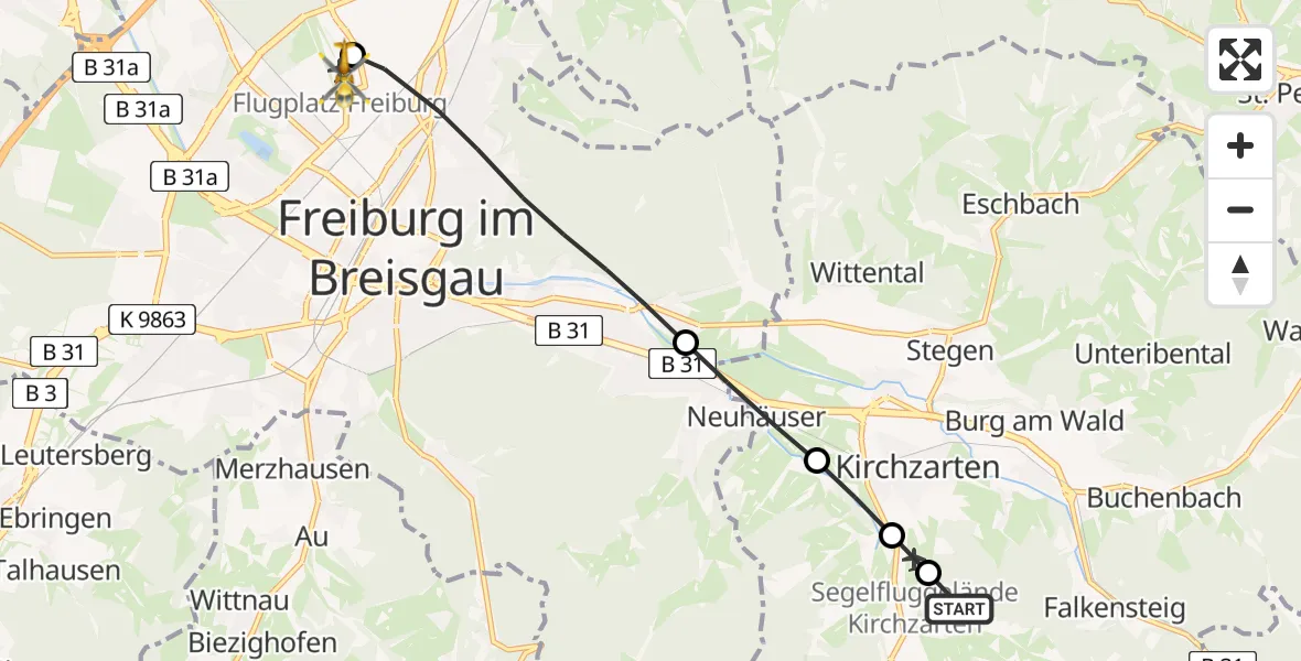 Flugroute Rettungshubschrauber Oberried - Freiburg im Breisgau Airfield, 23 Februar 2026, 09:41