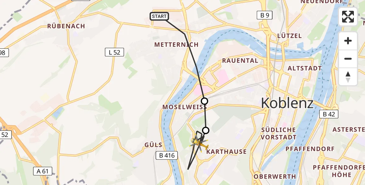 Flugroute Rettungshubschrauber Koblenz - Koblenz, 23 Februar 2026, 09:44