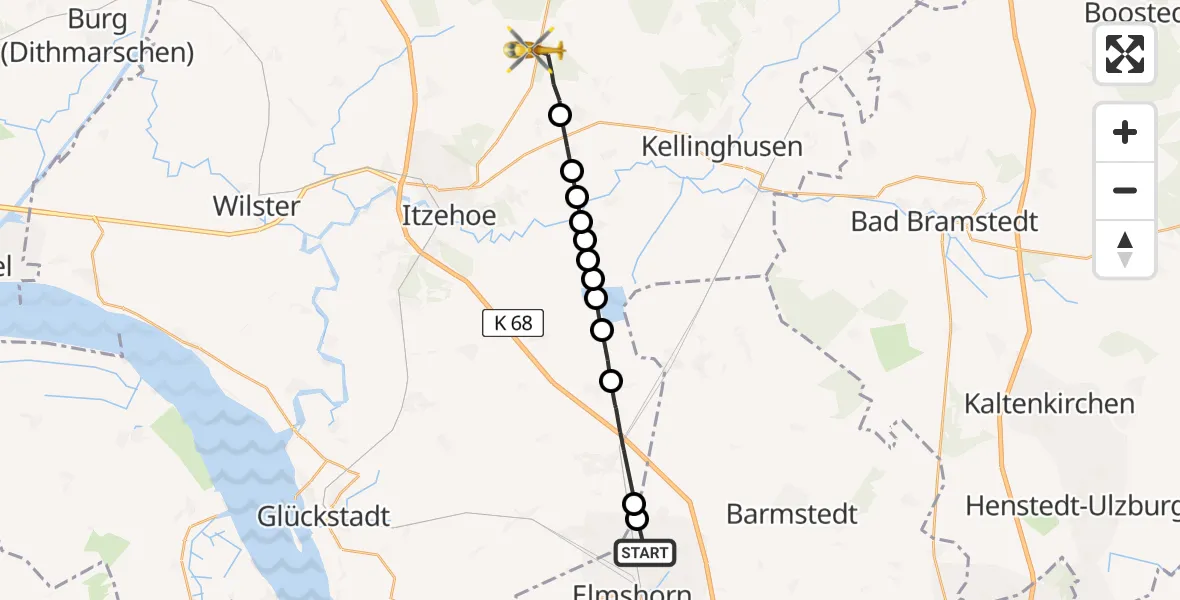 Flugroute Rettungshubschrauber Elmshorn - Itzehoe Hungriger Wolf Airfield, 23 Februar 2026, 09:46
